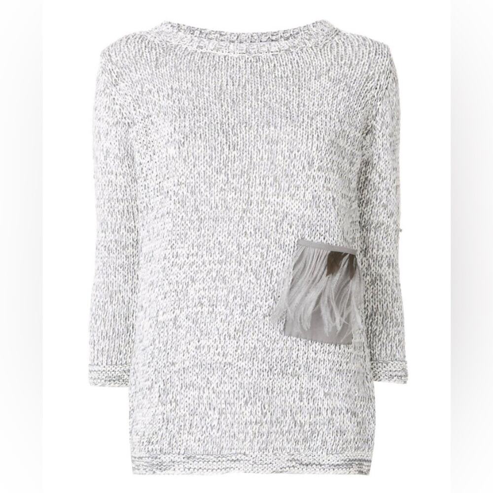 Fabiana Filippi Italy open knit cotton blend 3/4 sleeve sweater L feather pocket